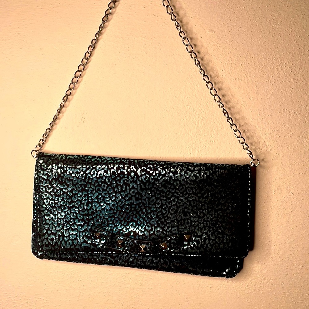 Betsey Johnson convertible Clutch in metallic teal print, pyramidal studs EUC